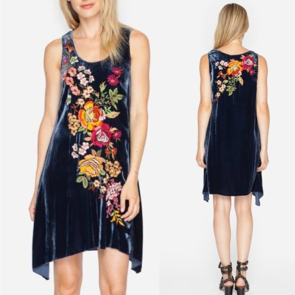 Johnny Was Michelle Velvet Navy Tunic Dress Medium Silk Blend Floral Embroidered